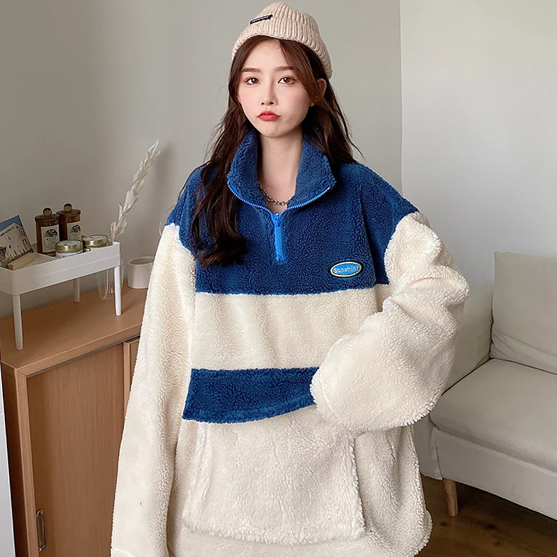 

Fashion Streetwear Stand-up Collar Oversized Hoodies Kawaii Patchwork Fluffy Warm Pullovers Autumn Winter Thick Sweatshirts