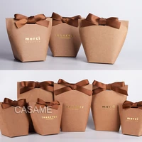 6pcs black white kraft paper bag bronzing french merci thank you gift box package wedding party favor candy bags with ribbon