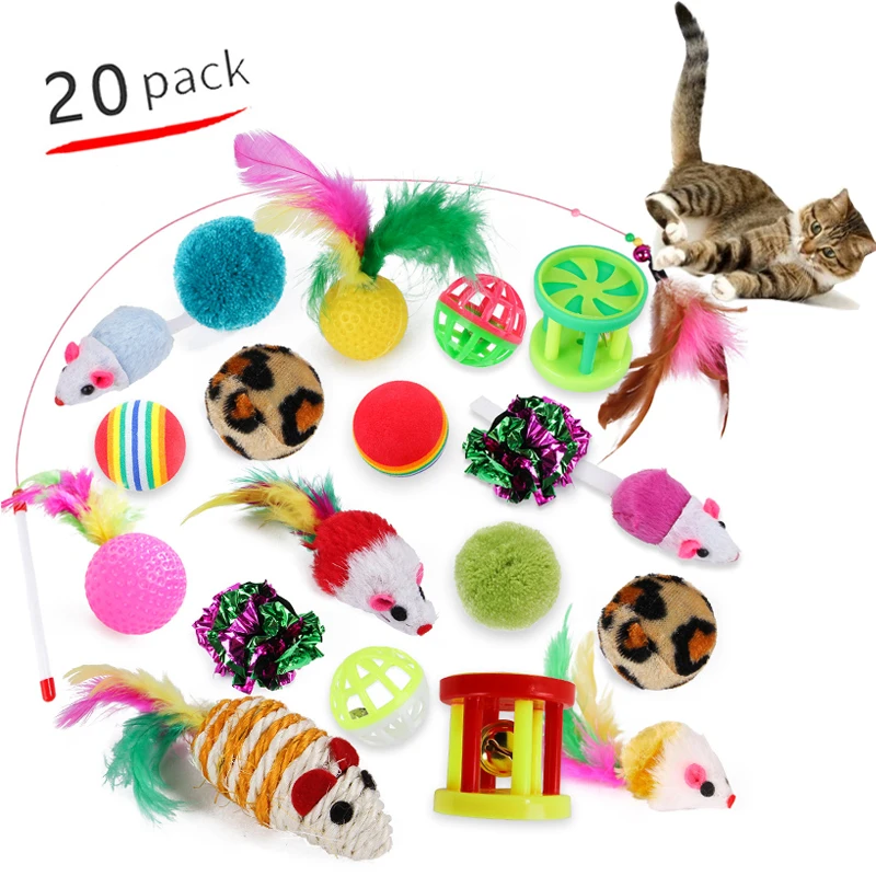 

Pet Toys Cat Combo Set Cat Toy Funny Interactive Cat Toy Stick Sisal Mouse Shape Bell Balls Cat Supplies 20 Sets