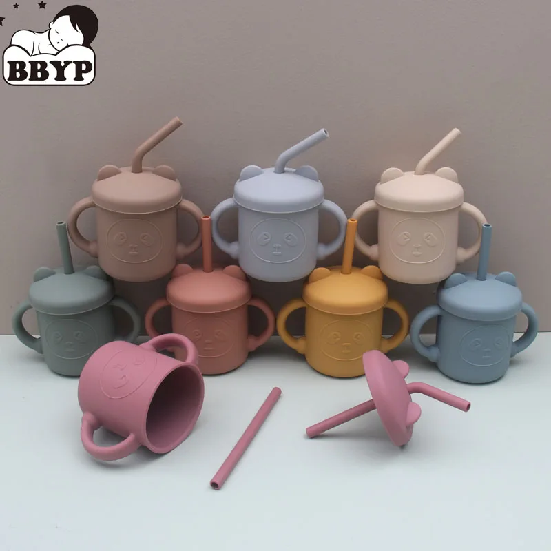 Fuente de alimentaci&oacute;n de beb&eacute; de oso de dibujos animados, vasos de paja para Aprendizaje de beb&eacute;, vasos de alimentaci&oacute;n, vajilla de silicona sin BPA, Bot de agua para ni&ntilde;os peque&ntilde;os-0