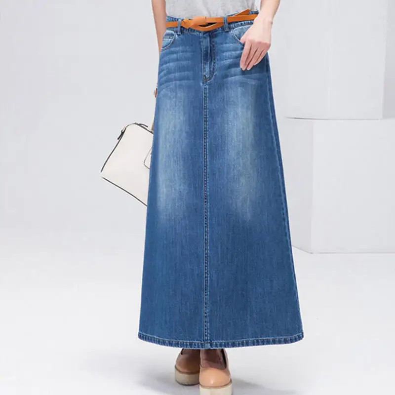Женская длинная джинсовая юбка элегантная винтажная макси с высокой талией в