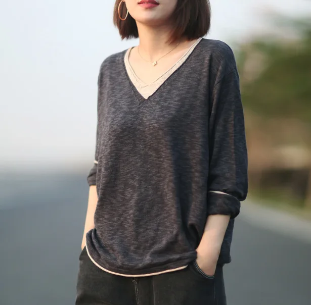 Осенняя футболка женские свободные вязаные пуловеры из двух частей новинка 2019