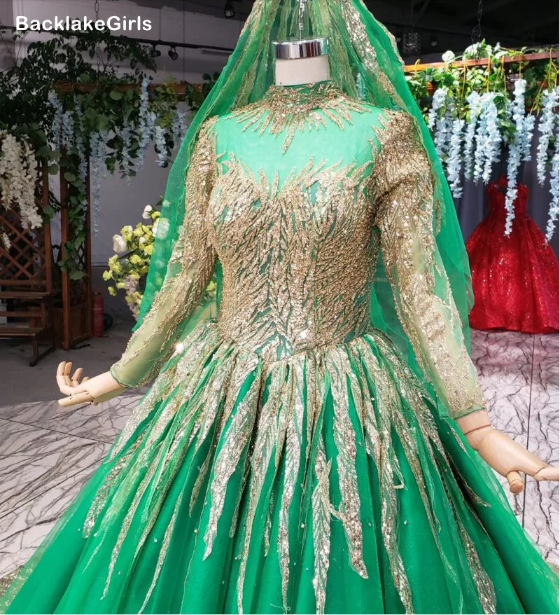 Блестящие расшитые блестками золотые кружевные зеленые мусульманские Вечерние