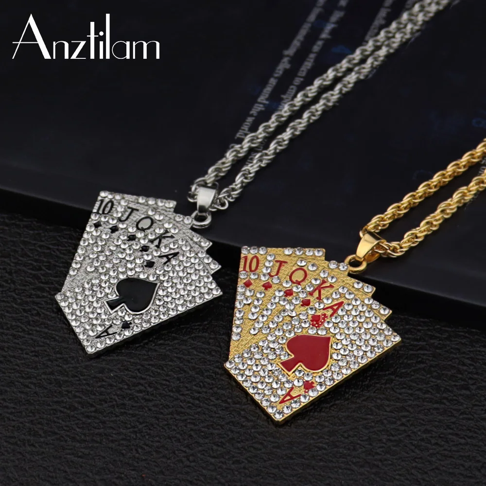 

AZ Hip Hop Gold Color AAA CZ Stone Paved Bling Iced Out Poker Pendants & Necklace for Men Rapper Jewelry