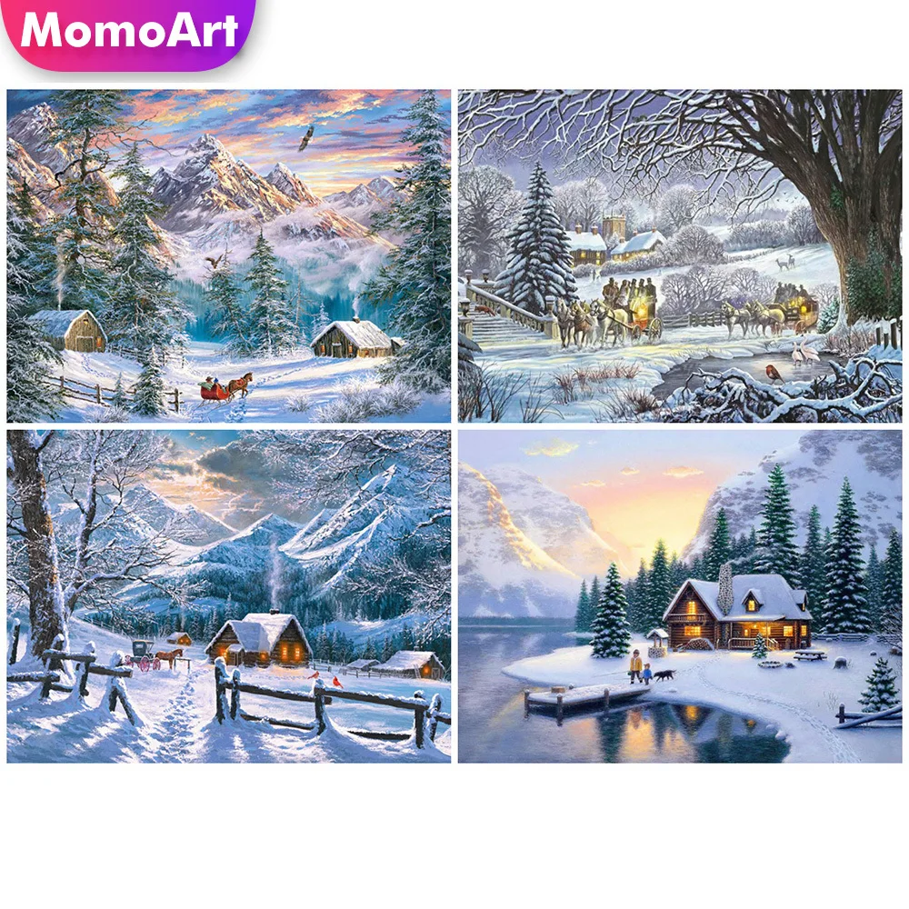 

MomoArt 5D Diamond Painting Winter House Diamond Embroidery Landscape Mosaic Full Drill Square Mountain Picture Home Decor