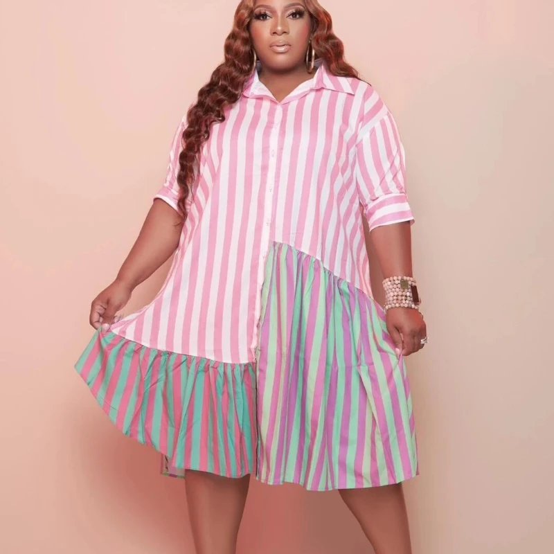 

Plus Size 5XL Office Patchwork Stripe Printing Loose Half Sleeve Suit Collar Irregular Knee Length Shirt Dress Women Fashion