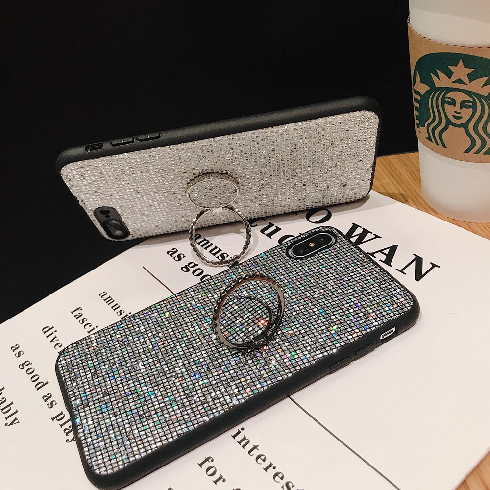 Блестящий кожаный чехол для iPhone 7 Plus с кольцом на палец Роскошный мобильного