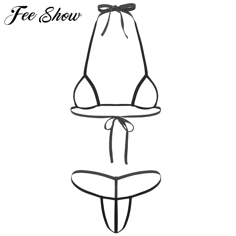 

Womens Ladies Sexy Erotic Sets Micro Hollow Out micro Bikini Lingerie Open Cup Self-tie Bra Top with G-String Briefs Underwear