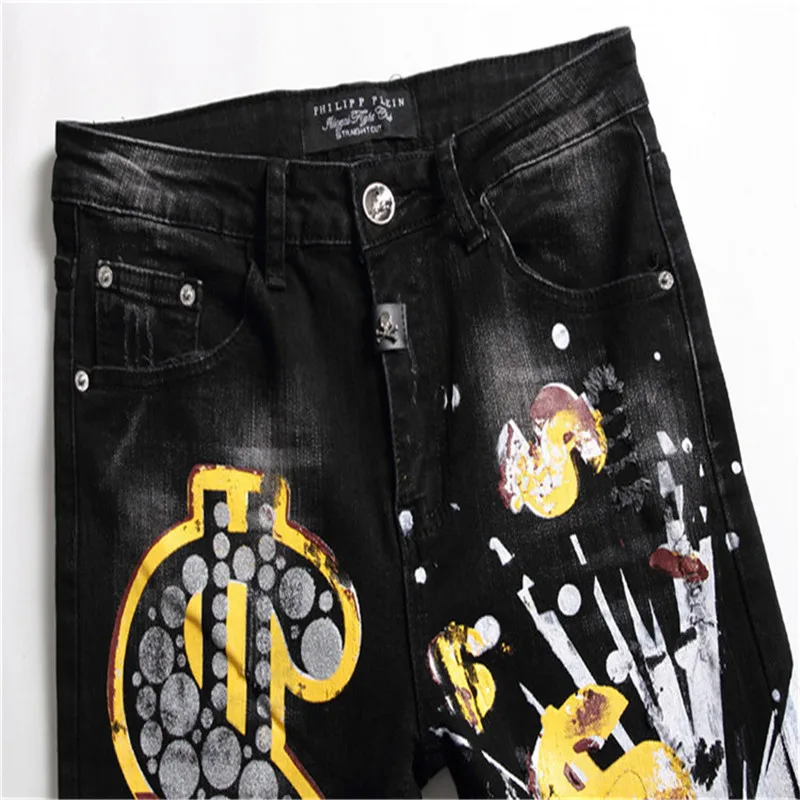 Men's Large Size Seasonal Fashion Casual All-Match Black Print Slim Hole Stretch Jeans With Small Feet