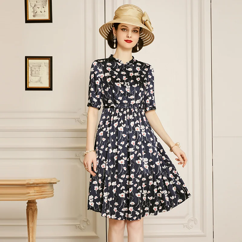 

Женское шелковое платье с принтом SHZQ, синее платье из шелка тутового шелкопряда с воротником-стойкой, юбка в иностранном стиле, тонкая юбка, ...