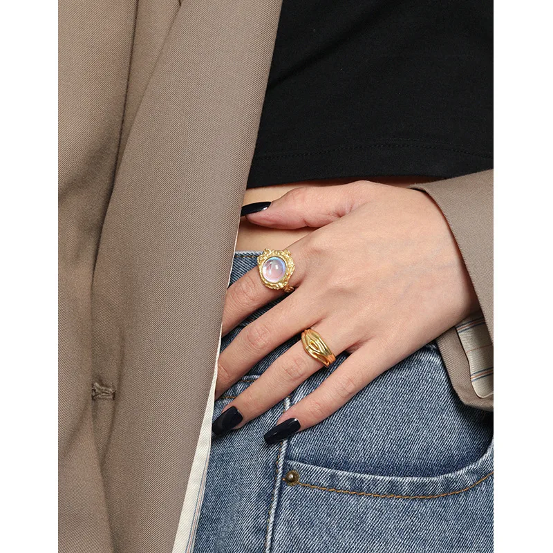 

18K Gold Authentic S925 Sterling Silver FINE Jewelry Irregular Surface Moonstone Round ring adjust C-312-2