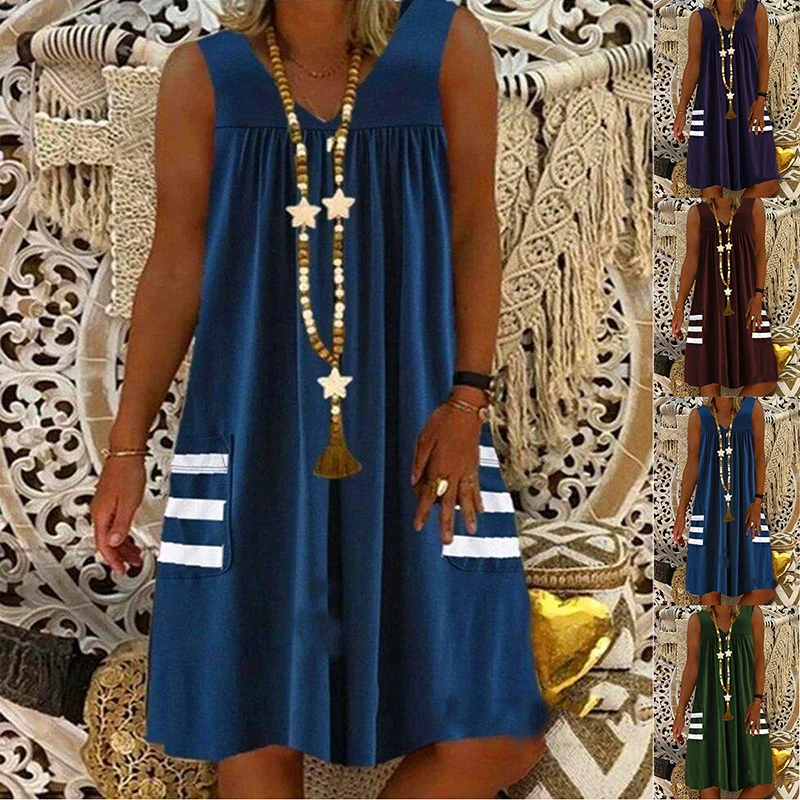 

Plus Size Spring Summer Dress Elegant Women Vintage V-neck Stripe Printed Pocket Dress Sleeveless Street Hipster A-line Dresses
