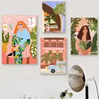 Тропические Богемские скандинавские постеры и принты Бохо с изображением ботанической девушки и автомобиля, настенная живопись на холсте, настенные картины для декора гостиной