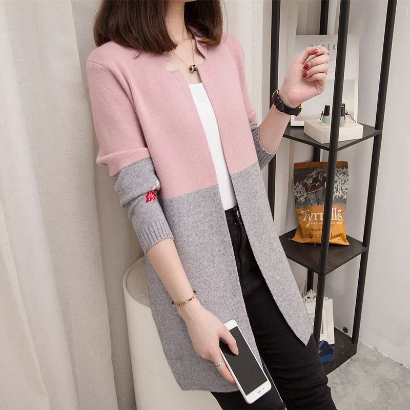 

Long Cardigan Women knitted Sweater 2020 Spring Autumn New Colorblock Long Sleeve knitwear Korean Loose Cardigans Sweaters G290