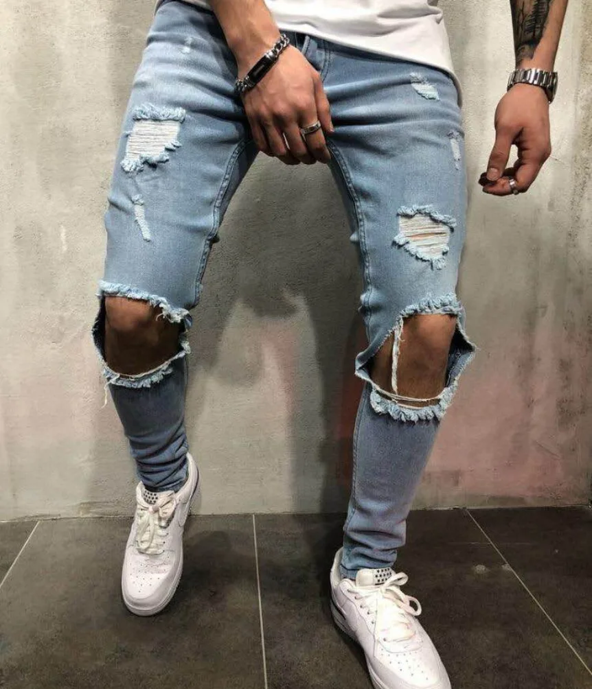 

High street men's jeans make old pants knee hole slim jeans trendy men's Leggings