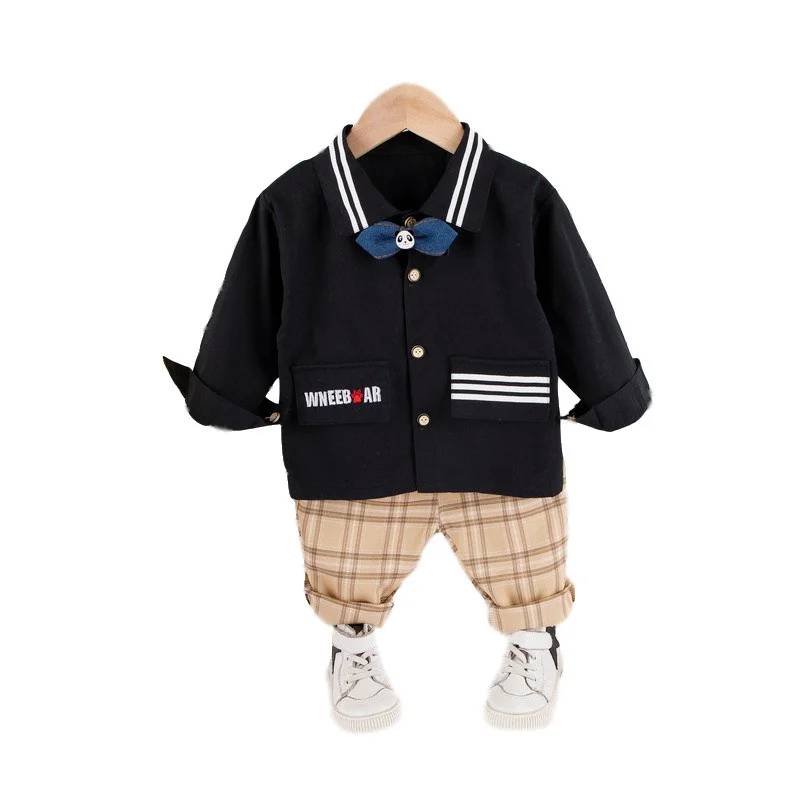 

2020 Spring Infant Sets Kids Cartoon Long Sleeve Solid TIE Shirt Jeans 2Pcs/Sets Baby Boys Gentleman Clothing Leisure Suits Set