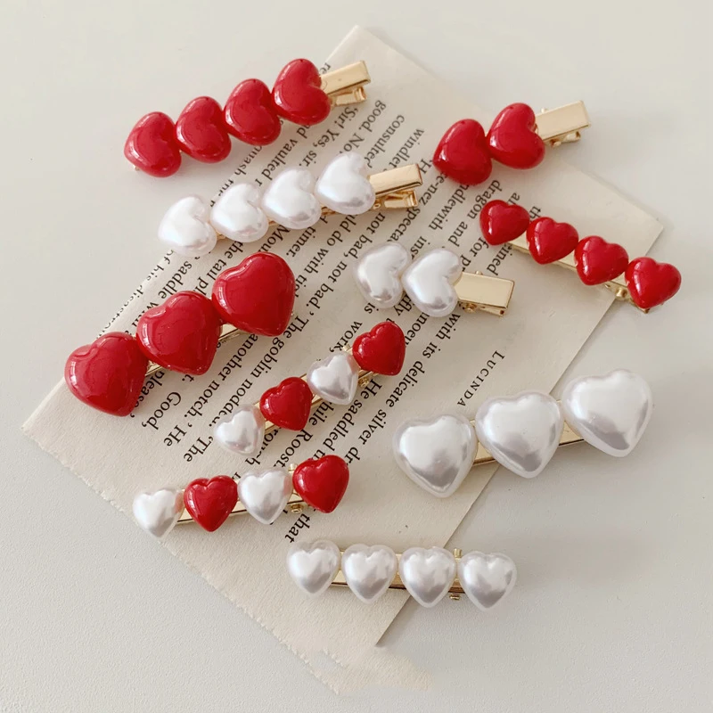 Красный белый жемчуг имитация бисера зажим для волос сердце женщин заколка