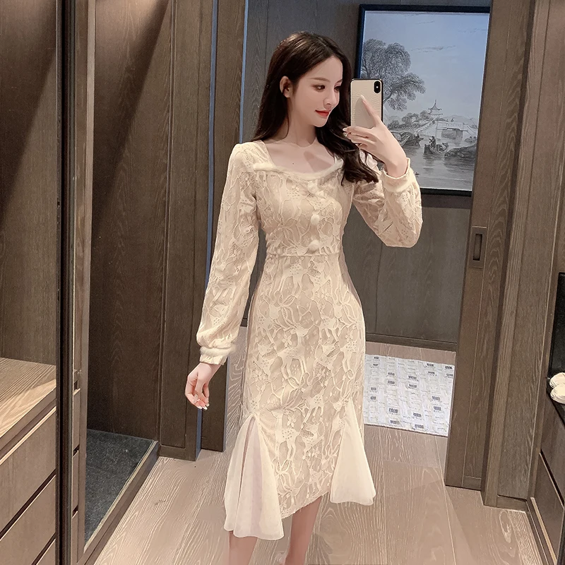 

COIGARSAM French Style Patchwork Women one-piece dress korean New Spring Vintage Dresses Apricot 6211