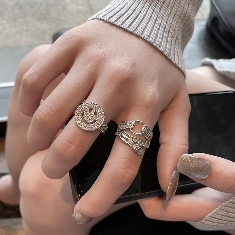 

925 Sterling Silver Micro Zircon Belt Smiling Face Open Rings for Women Personality Party Jewelry Gifts