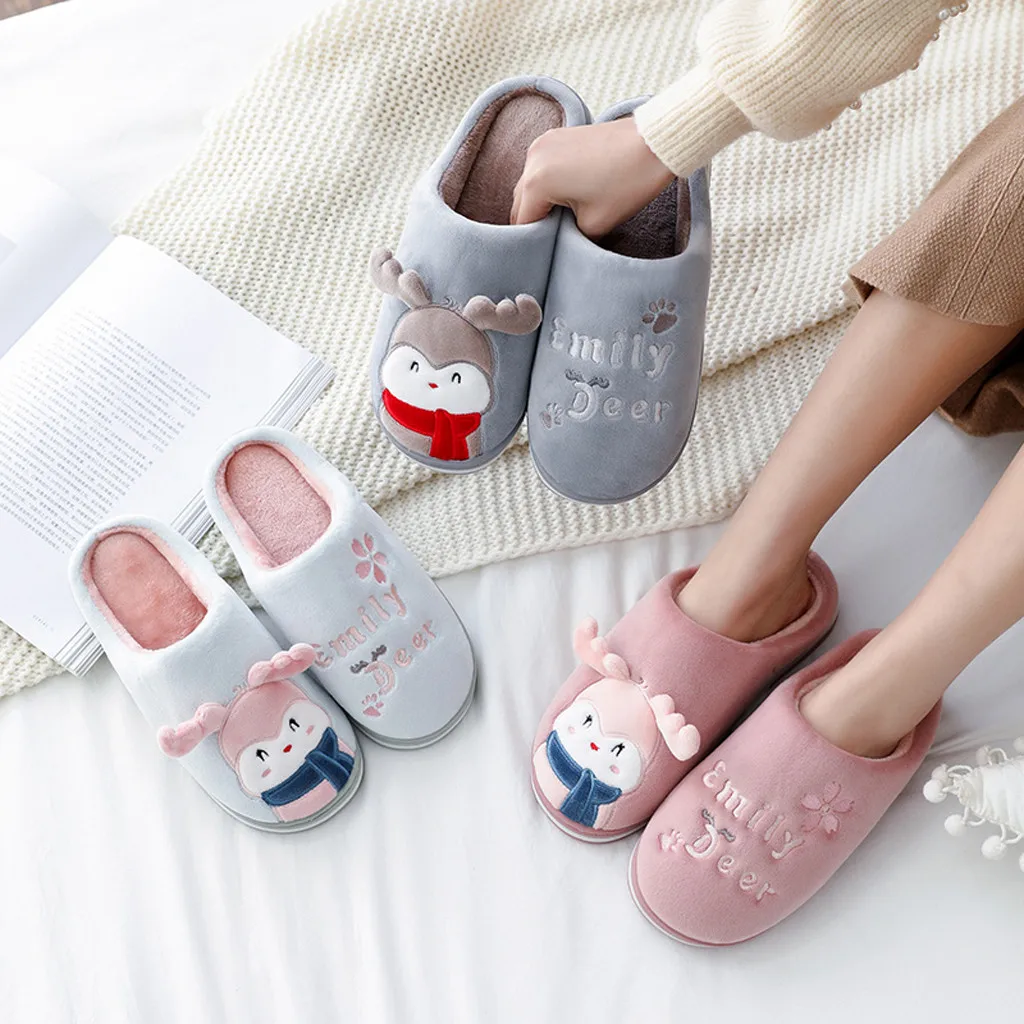 

Women Home Flat Soft Slippers Cute Elk Reindeer Christmas Furry Warm Winter Female Slip On Ladies Woman Shoes Halloween