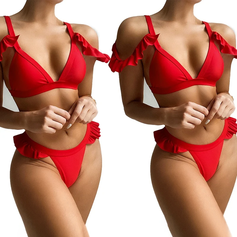 

2Set Women's Solid Color Lotus Leaf Sleeve Ladies Split Swimsuit Red, S & M