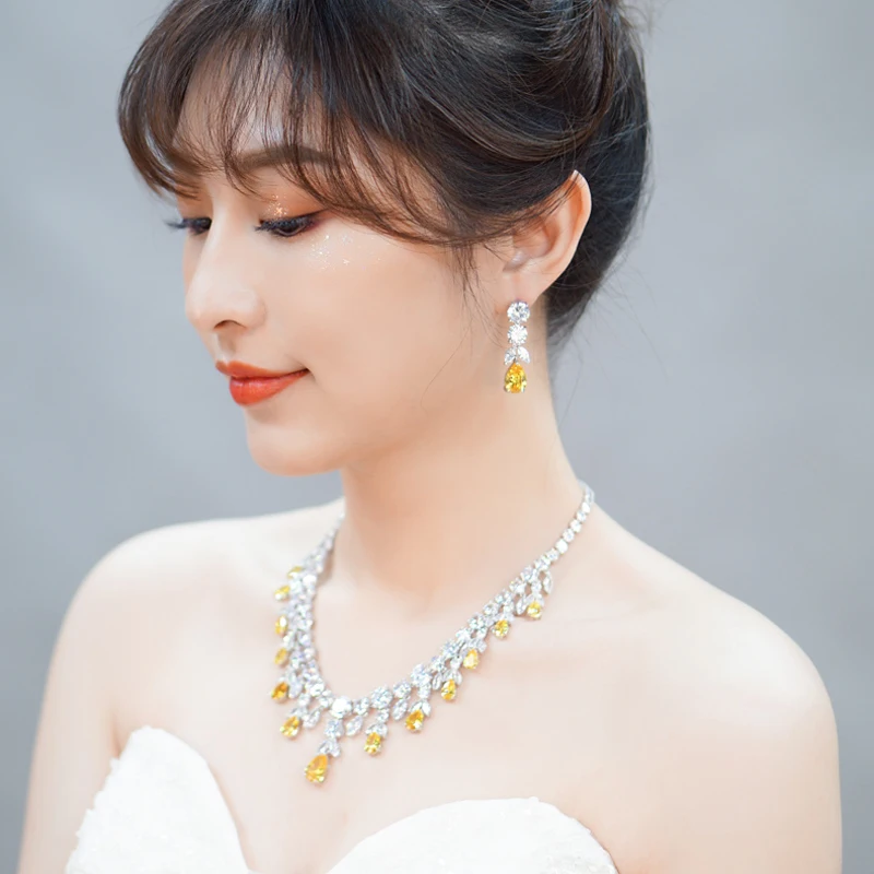 BeaQueen Luxurious African Cubic Zirconia Beads Jewelry Set Nigerian Wedding Yellow Bridal Jewellery Sets For Women JS091 | Украшения и