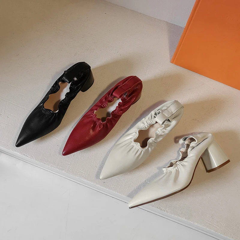 

QUTAA 2021 Pointed Toe Elastic Band Women Pumps Soft Cow Leather Single Shoes Square High Heel Fashion Ladies Shoes Size 34-39