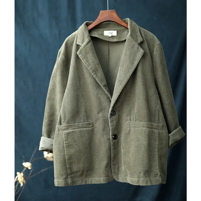 

Women's Vintage Corduroy Blazer Woman Korean Fashion Khaki Grey Green Suit Jacket for Women Casual Long Sleeve Coat Outerwear