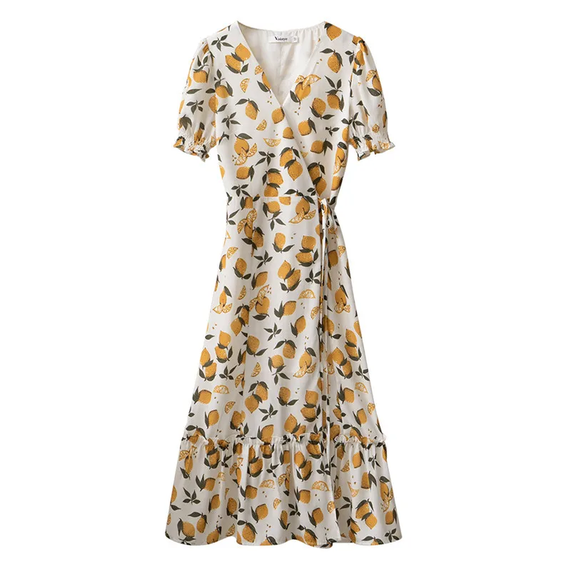 

2021 Spring Summer Dress Women Puff Short Sleeve Yellow Fruit Print Midi Maxi Elegant Fashion Lace Up Sweet Party Dresses Robe