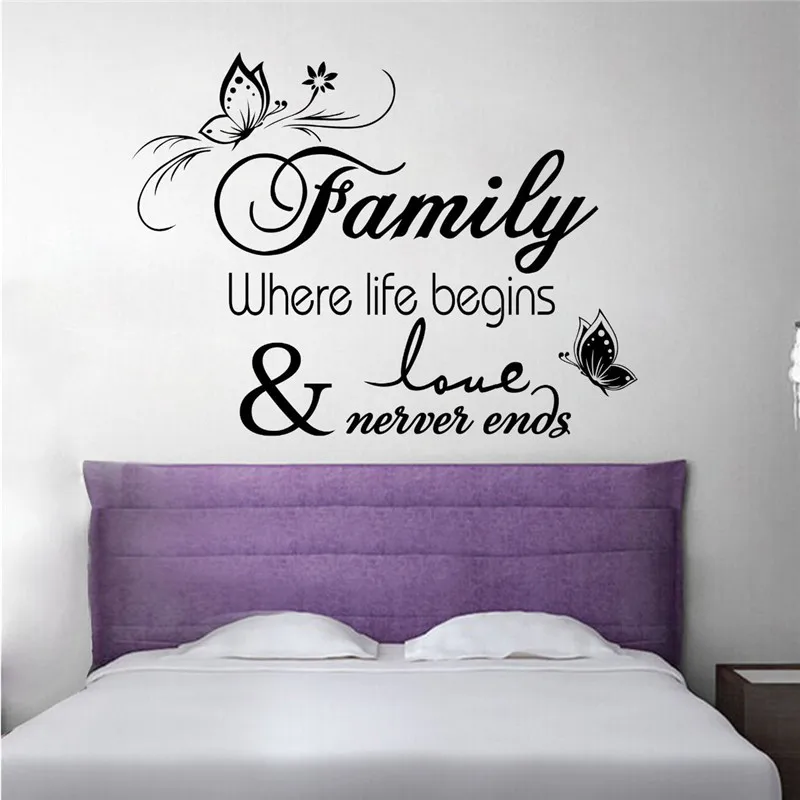 Элегантная буква Семья где жизнь начинается теплый стены Стикеры s Спальня
