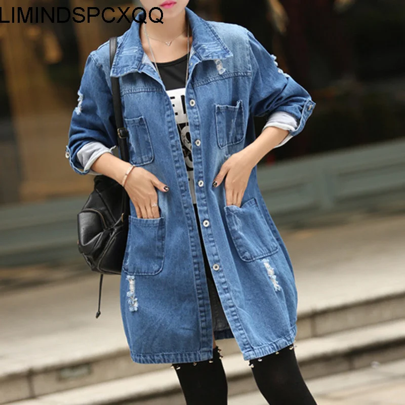 

2021 Autumn Fashion Women Denim Jacket Jeans Top Blouses Coat Casual Long Sleeve Hole Pocket Blue Slim Shirts Tops Large Size