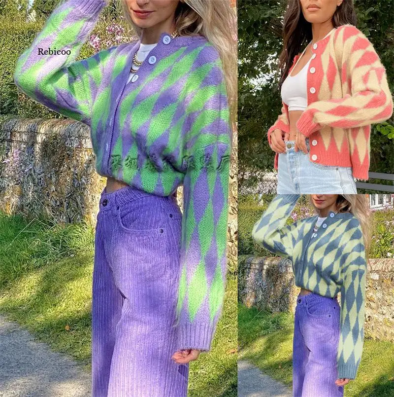 

Vintage Green Purple Plaid Knitted Cardigan Women Winter Oversized Soft Sweater Female High Fashion Outerwear 2021
