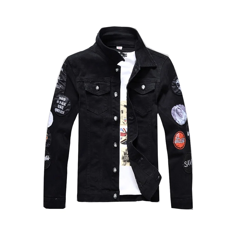 

Men's Slim Fit Long Sleeve Black Denim Jacket Casual Lapel Shirt Badge Designer Patch Jacket