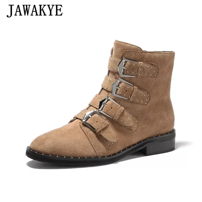 brown suede Ботильоны из натуральной кожи с заклепками; женские Ботинки martin с круглым носком и пряжкой на ремешке; женские модные мотоциклетные ботинки; Botas Mujer - Цвет: brown suede