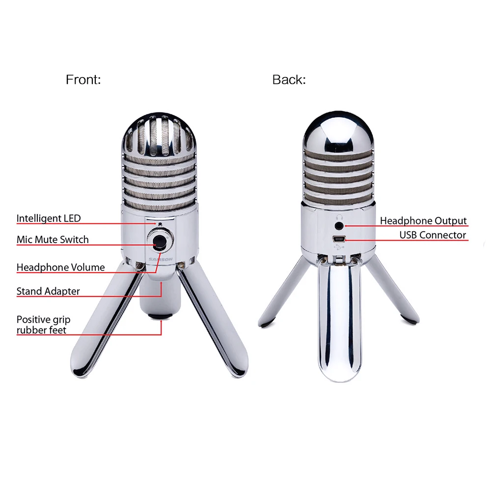 Конденсаторный микрофон Samson студийный со складными ножками кабелем USB и