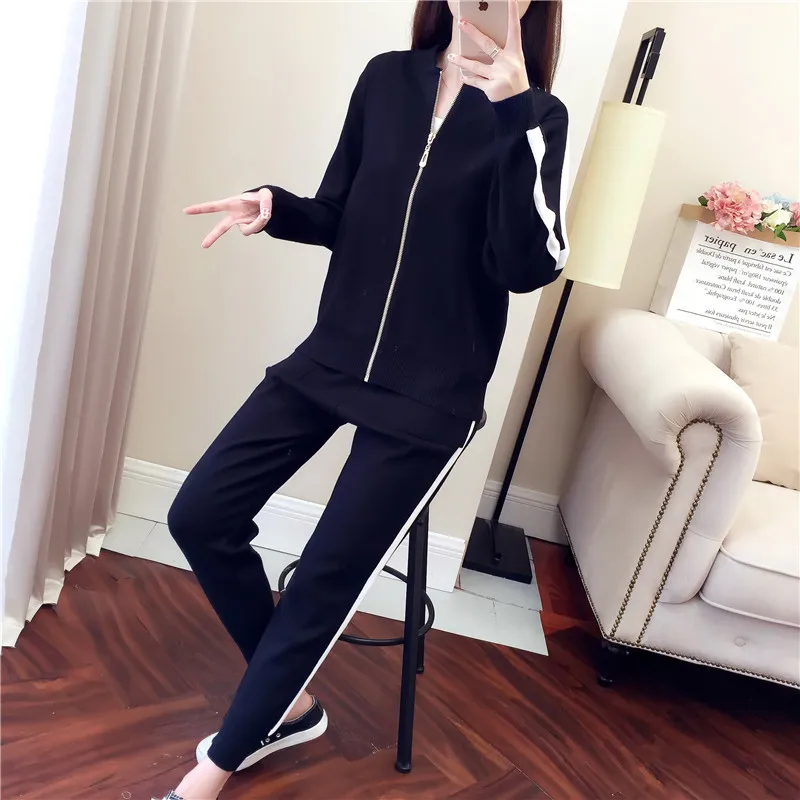 

2021 Women Striped Sweater Set Female O Neck Long Sleeve Pullover And Pant Two Pieces Flat Knitted For Office Lady Zipper Fly