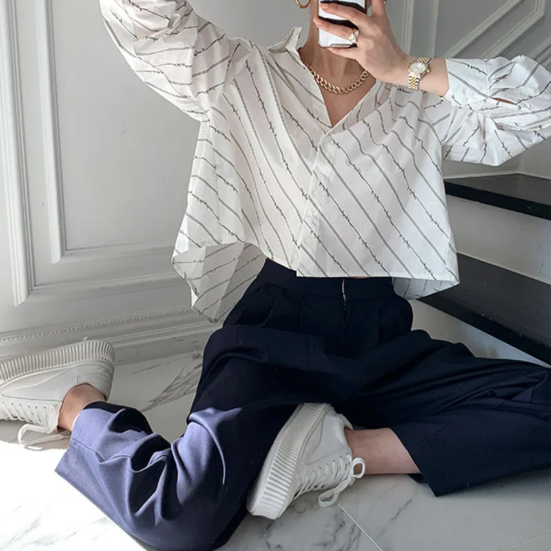 

Striped Button Up Shirt Womens Simple Short Loose Style Turn-Down Collar Casual White Blouse 2021 Spring Autumn Fashion