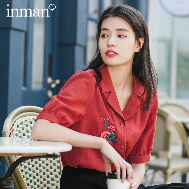 INMAN лето 2020 Новое поступление свободная блузка с отворотом и вышивкой в стиле