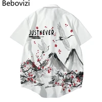 japanese style 2021 men hawaiian shirt streetwear peach blossom crane print harajuku beach shirt casual summer short sleeve