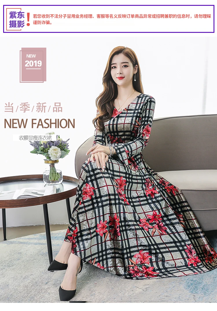 Vintage Floral Velvet Maxi Dresses Autumn Winter 3XL Plus Size Long Sleeve Midi Dress Elegant Women Bodycon Party Vestidos