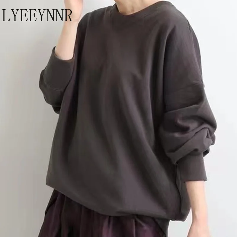 

LYEEYNNR Japan Style Sweatshirt Women Solid Color O Neck All-match Casual Hoodies Soft Comfortable Long Sleeve Outerwear Coats