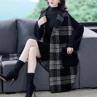 women winter woolen loose drop shoulder plaid coat double breasted women clothes cashmere long tweed coat 3xl