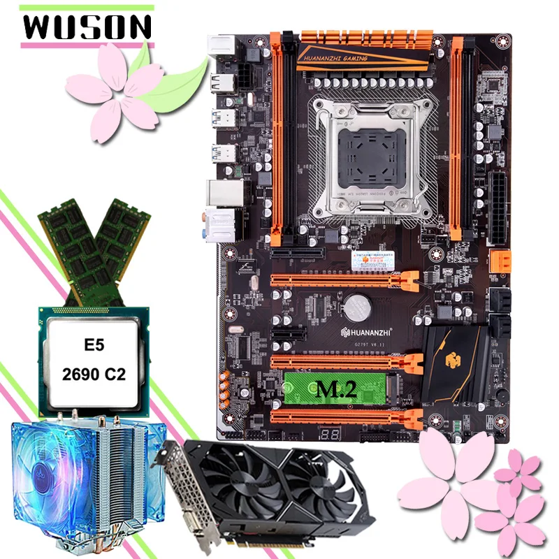 

HUANANZHI deluxe X79 motherboard with M.2 NVMe slot CPU Xeon E5 2690 C2 with cooler RAM 16G(2*8G) RECC GTX1050Ti 4G video card