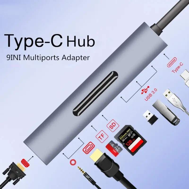 

9 IN1 Portable Thunderbolt 3 USB Type-c To 4K VGA USB3.0x3 Hub VGA TF SD Slot USB-C PD Audio Cable Female Adapter For Macbook