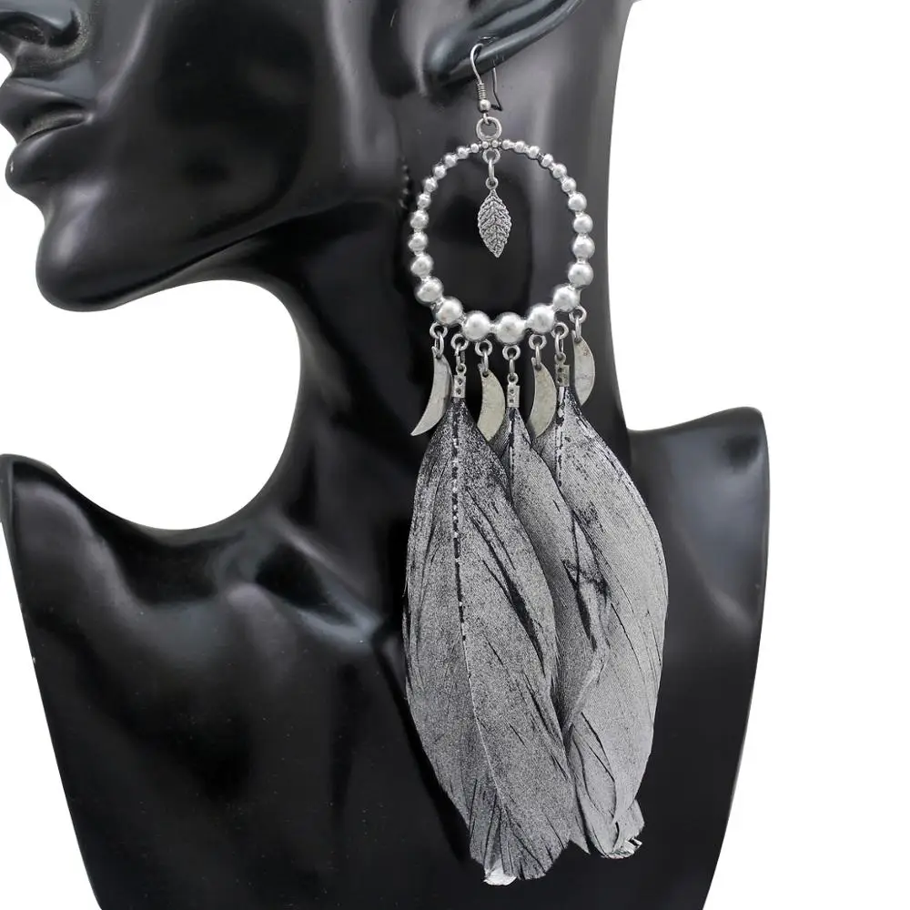 Vintage Indian Summer Large Dream Catcher Grey Feather Silver Plated Moon Hoop Dangle Coral Turkey Blue Stone | Украшения и