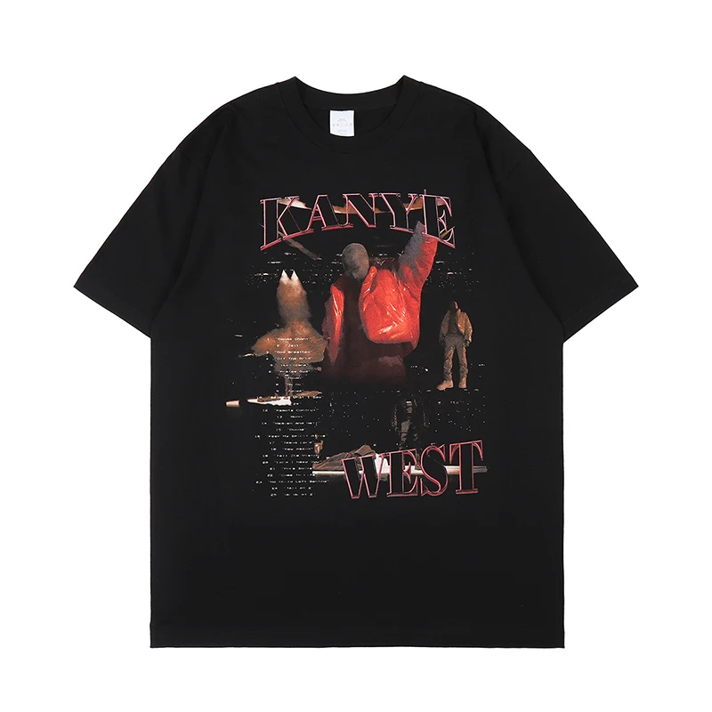 

Kanye West Character Letter Print Cotton Short Sleeve Tshirts for Men and Women Round Neck Oversized Streetwear Loose Top Tees