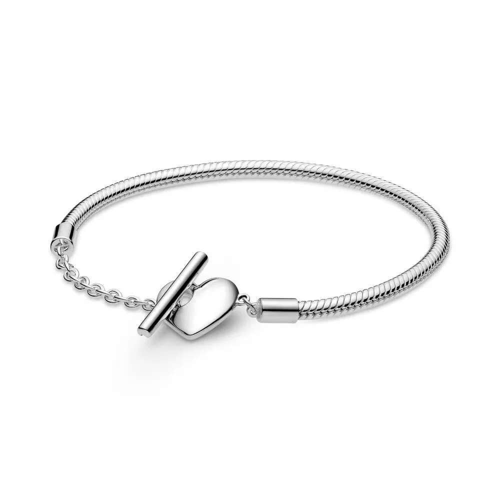 

Hot Sale Real 100% 925 Sterling Silver pan bracelet Love heart crystal bracelet For Women Fit Original DIY Charm Jewelry