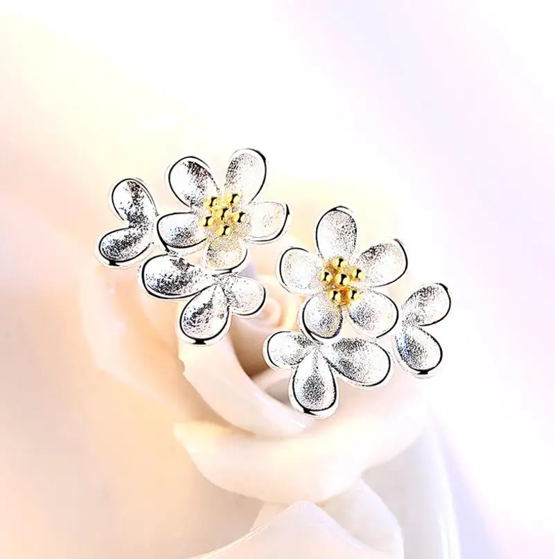925 Sterling Silver Cherry Blossoms Flower Stud Earrings Gold Stamens For Women Jewelry S-E125 | Украшения и аксессуары