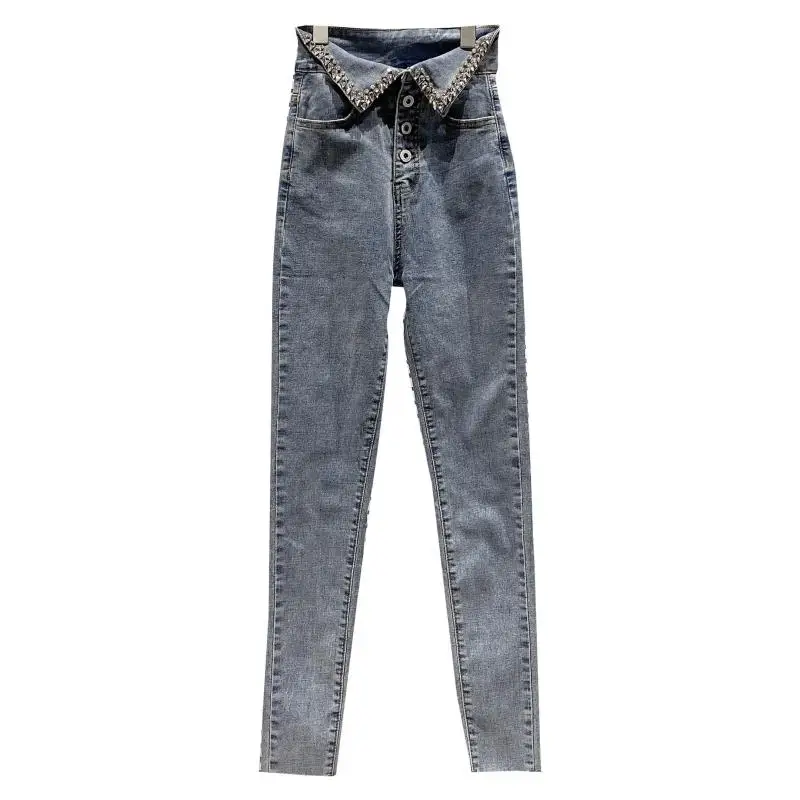 

2021 Spring New Cotton Large Particles Drop-Shaped Diamond Peter Pan Collar Waist Stretch Slim Denim Pencil Pants