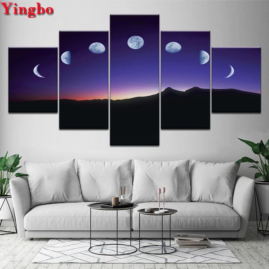

5 Panel,full drill square diamond painting Moon landscape Painting Calligraphy 5d mosaic Popular diamond embroidery round